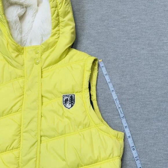 American Eagle Womens Yellow Puffer Vest Faux Fur Hooded Zip Pockets Size Small - Picture 13 of 16